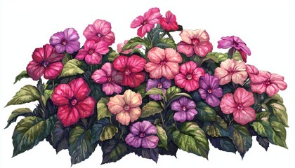 Wall Mural - Vibrant Floral Arrangement with Pink and Purple Flowers Surrounded by Lush Green Leaves in Artistic Style for Home Decor