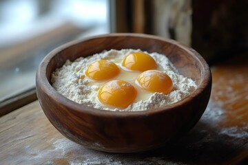 Wall Mural - Chef preparing dough adding eggs to flour in wooden bowl