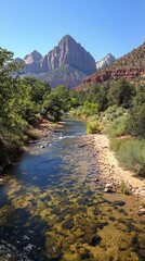 Poster - Scenic view of a clear river with mountains in Zion National Park during daylight hours