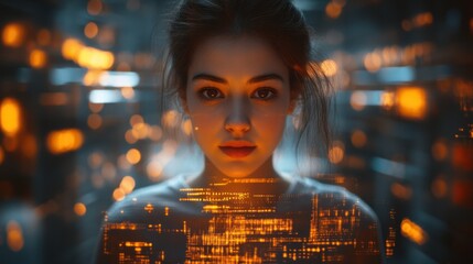 Wall Mural - Woman, city lights, code, portrait, night, bokeh, futuristic, technology, digital, website