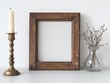 © gendis - Rustic wooden frame mockup, candle, branches, white background, home decor