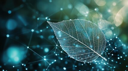 Sustainable Businesses A digital leaf emerges from a network of interconnected dots and lines, symbolizing the intricate web of data that fuels green technology and the interconnectedness of nature