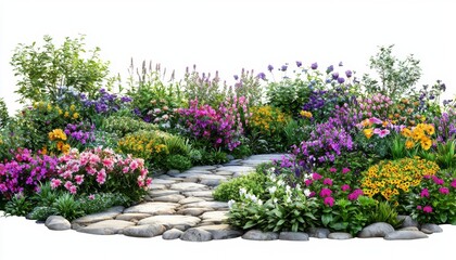 Wall Mural - Vibrant Flower Garden with Colorful Blooms and Serene Pathway Surrounded by Lush Green Foliage and Natural Beauty