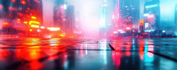 Wall Mural - Acid rain climate change idea. A vibrant cityscape illuminated by neon lights in a rainy urban environment.