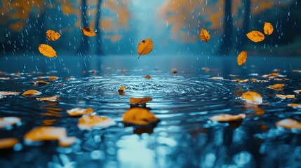 Canvas Print - Autumn rain falling on leaves in puddle