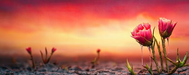 Wall Mural - Acid rain climate change idea. Two vibrant pink flowers bloom against a stunning sunset backdrop.