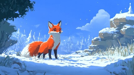 Wall Mural - Fox standing snowy winter forest landscape, game art