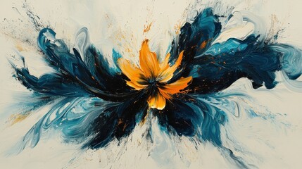 Wall Mural - A vibrant abstract artwork featuring a striking orange flower amidst swirling shades of blue and hints of gold.