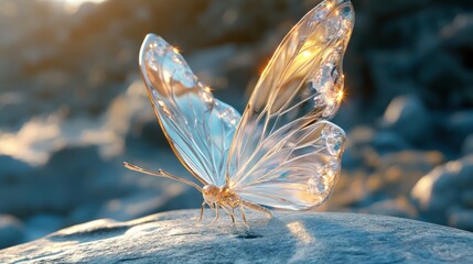 Poster - Glass butterfly sunset rock nature digital art