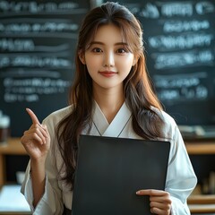 Wall Mural - A pretty Korean traditional medicine nurse is pointing at the blackboard.