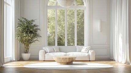 Poster - White living room with a wooden floor, a sofa, and a coffee table in the center of the frame. Bright sunlight streams through large windows, and white curtains adorn the space. interior style modern.