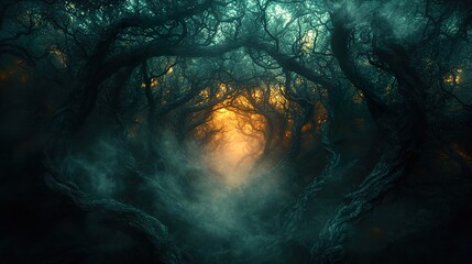 Wall Mural - mysterious halloween background featuring dark, twisted trees and thick fog illuminated by blue and 
