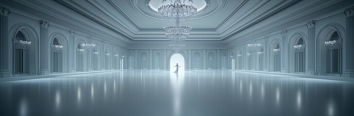 Wall Mural - A celestial ballroom floating in space, chandeliers made of stardust, an elegant figure dancing with a being of light, soft and ethereal lighting, mesmerizing dreamlike atmosphere, ultra-detailed