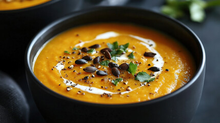 Wall Mural - Creamy orange soup garnished with seeds and herbs in dark bowl. This elegant presentation highlights rich texture and vibrant color, perfect for cozy meal