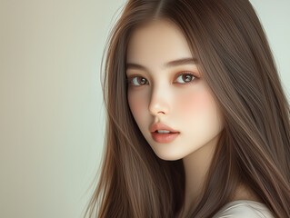Aufkleber - 長い髪が美しい若くて可愛いアジア人女性モデル。美容・ヘアケアのイメージ撮影。