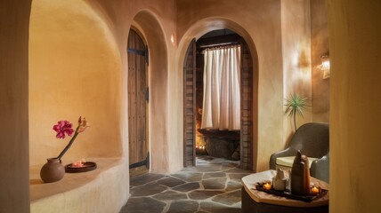 Canvas Print - Relaxing spa interior with arched doorways and rustic design