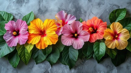 Wall Mural - Colorful hibiscus flowers on gray stone