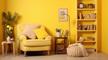 Wall Mural - shelves yellow background wall