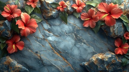 Wall Mural - Coral hibiscus blooms on grey stone