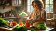© lilusagi - A cozy kitchen with a woman chopping vegetables for a summer salad in afternoon light.