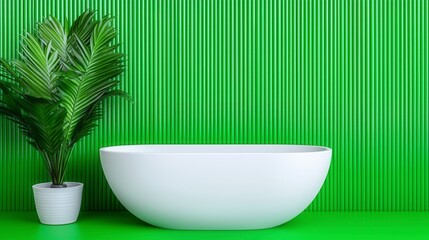 Wall Mural - Plant in a white bowl beside a green wall in a modern bathroom with empty wall space