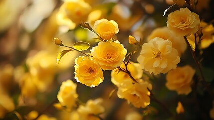 Canvas Print - Close-up of vibrant yellow roses blooming on a bush, bathed in sunlight.