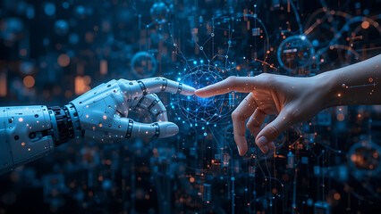 ai, machine learning, hands of robot and human touching on big data network connection background, s