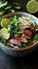 Poster - Beef Noodle Soup In Bowl With Lime And Herbs