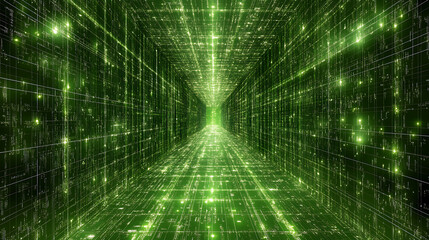 Abstract Green Matrix Digital Tunnel Technology Background with Glowing Elements and Data Streams