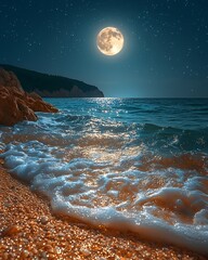 Wall Mural - Moonlit beach stones and swirling golden sand sparkle in the green sea