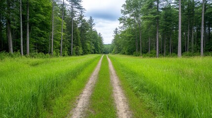 Wall Mural - Tranquil dirt path through lush green fields and dense forest under a cloudy sky