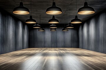 Wall Mural - Dark room, wood floor, pendant lights, empty space, interior design