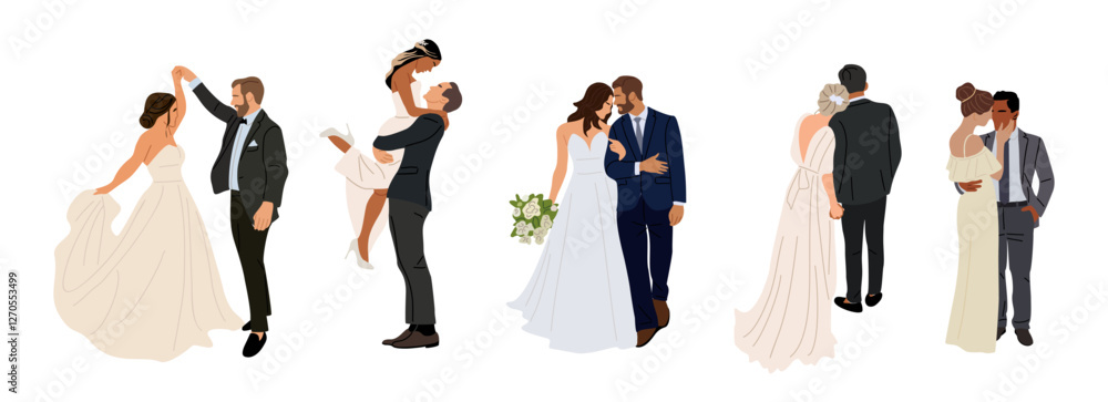 Set of different wedding couples. Bride and groom in formal clothes on ...