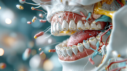 Poster - 3D illustration of human mouth showing teeth, gums, and surrounding anatomy. image highlights intricate details of dental structures and biological elements, evoking sense of curiosity and wonder