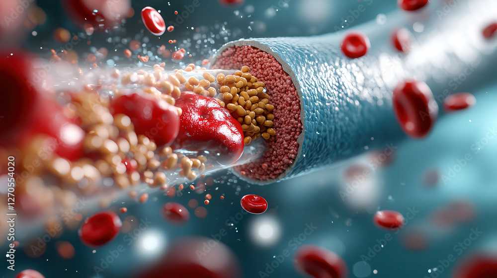 3D cutaway view of human artery showing cholesterol deposits and blood ...
