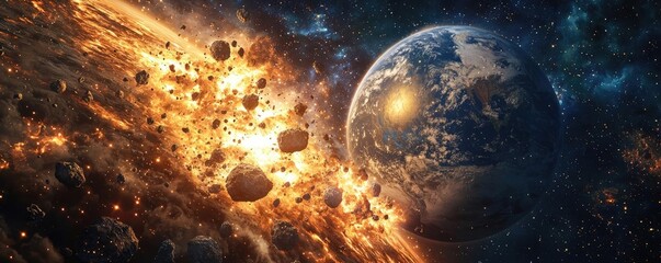 Wall Mural - Asteroid impact idea. A stunning depiction of Earth amidst cosmic chaos and asteroid impacts in the universe.