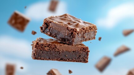 A closeup view of a rich chocolate bar set against a vibrant blue sky creating a stunning contrast of colors