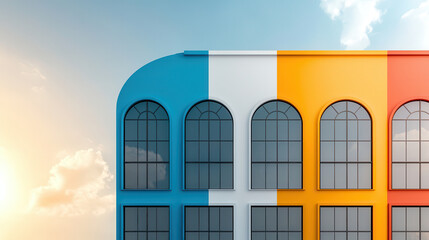 Poster - modern architectural facade featuring colorful sections in blue, white, and orange, with large arched windows reflecting sky. design evokes sense of creativity and vibrancy
