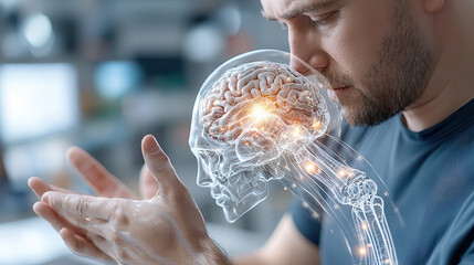 Aufkleber - man contemplating with transparent brain illustration, showcasing neural connections and glowing areas, symbolizing thought and creativity