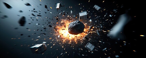 Wall Mural - Asteroid impact idea. A dramatic explosion of rock and debris in a dark, cosmic environment.
