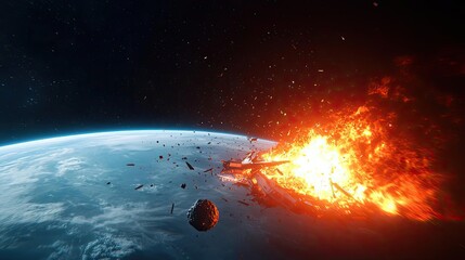 Wall Mural - Asteroid impact idea. A dramatic depiction of an asteroid collision with Earth, showcasing fiery explosion.