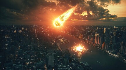 Wall Mural - asteroid impact concept. a dramatic meteor shower illuminated the city skyline at sunset, creating a