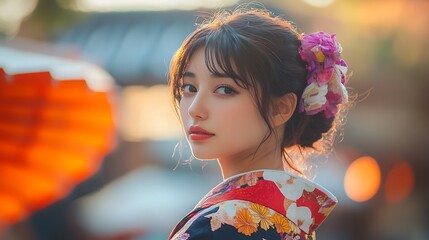 Poster - Young woman in traditional Japanese kimono, looking over shoulder, flowers in hair.