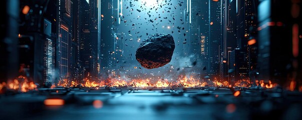 Wall Mural - asteroid impact concept. a dramatic representation of a floating rock in a futuristic environment.