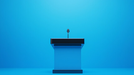 Podium of Promise: A sleek podium with an attached microphone stands center stage against a vibrant blue background, exuding anticipation and the promise of communication.