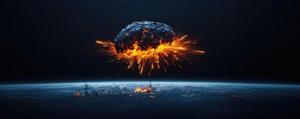 Wall Mural - Asteroid impact concept. A dramatic explosion in space, showcasing a vibrant display of fiery colors and smoke.