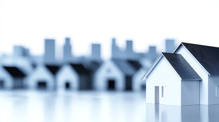 Abstract representation of suburban homes with blurred city skyline in the background