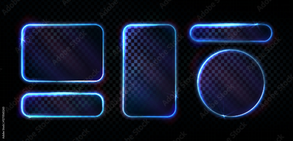 Neon light frames set with glowing blue borders on transparent ...