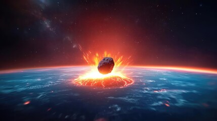 Wall Mural - asteroid impact idea. an asteroid impacts the earth, creating a fiery explosion in space.