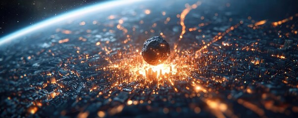 Wall Mural - Asteroid impact idea. A stunning visualization of a planet colliding with Earth, emitting bright explosions.